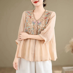 夏季新款重工刺绣衬衫女文艺民族风宽松显瘦V领薄款开衫包边上衣