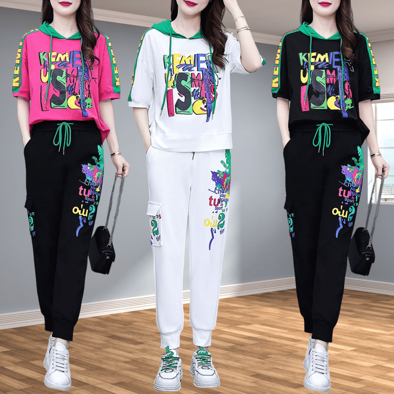 女士时尚两件套休闲洋气时髦运动服套装新款爆款小个子减龄短袖