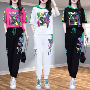 女士时尚两件套休闲洋气时髦运动服套装新款爆款小个子减龄短袖