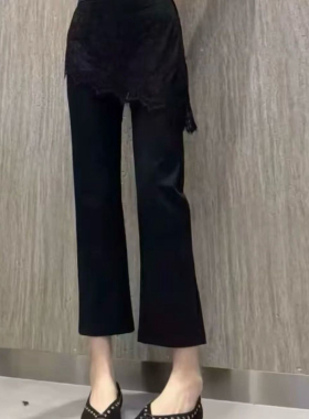 春季新款蕾丝围裙假两件屁帘微喇裤黑色设计感弹力显瘦时尚九分裤