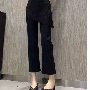 黑色设计感弹力显瘦时尚 春季 新款 蕾丝围裙假两件屁帘微喇裤 九分裤