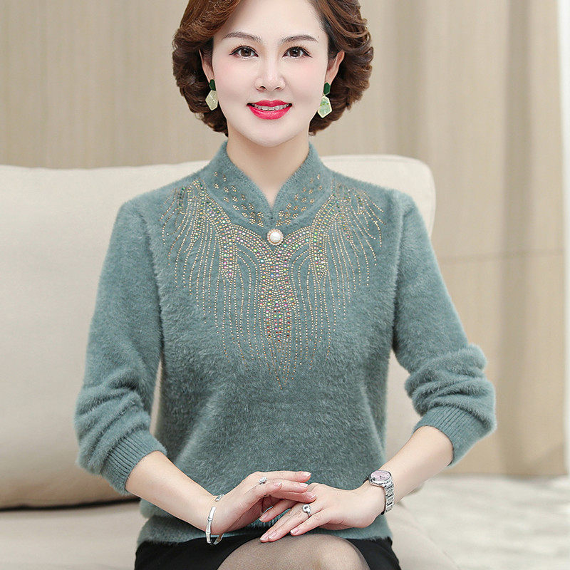 妈妈装秋冬仿水貂绒毛衣不掉毛新款中老年妇女旗袍领打底衫保暖厚