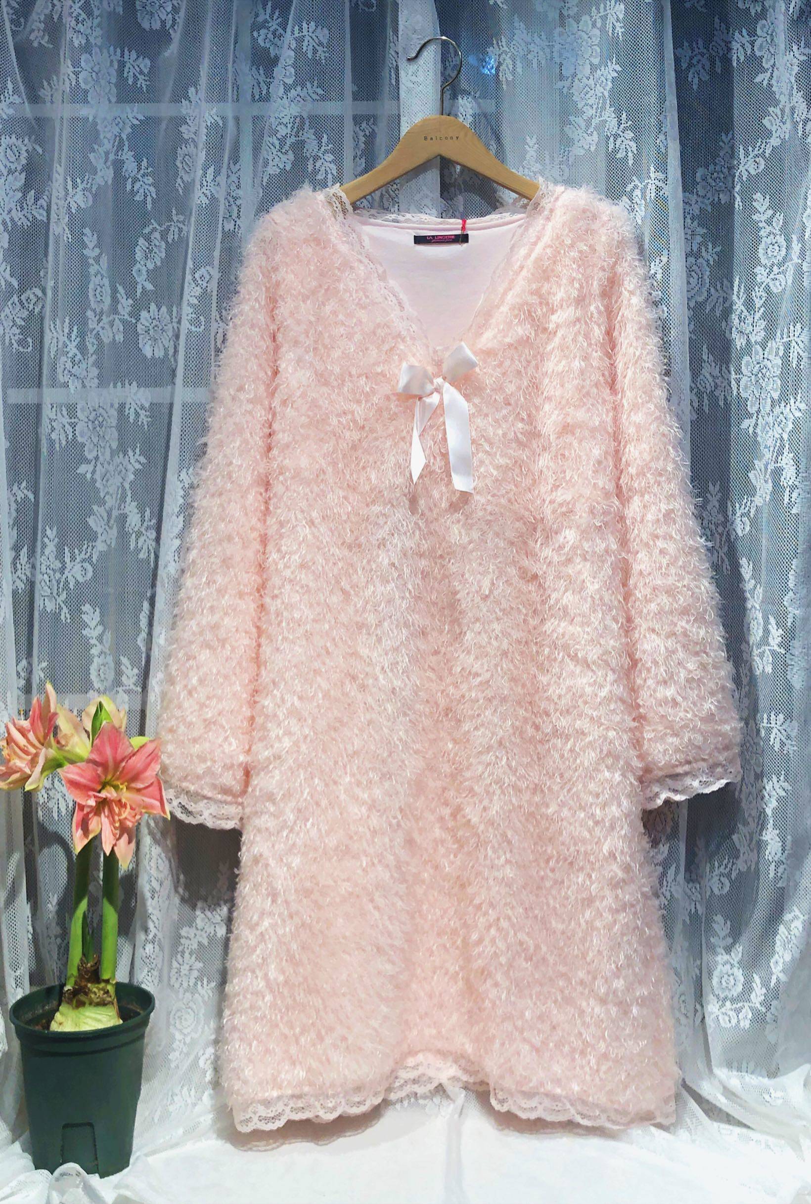 lalingerie浅粉色毛绒绒女士加厚保暖睡裙宽松舒适家居服可爱公主
