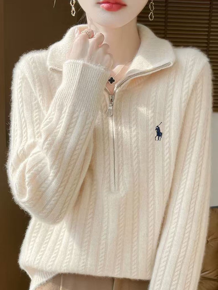 鄂尔多斯市仿羊毛衫女秋冬新款半高领加厚拉链毛衣打底扭花针织衫