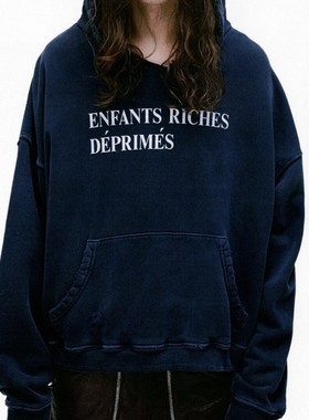 erd忧郁的富二代25ss水洗泥红标语boxy做旧破坏领口套头帽衫卫衣