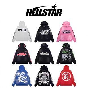 外贸美潮Hellstar地狱之星高街复古水洗做旧连帽衫卫衣长裤套装潮