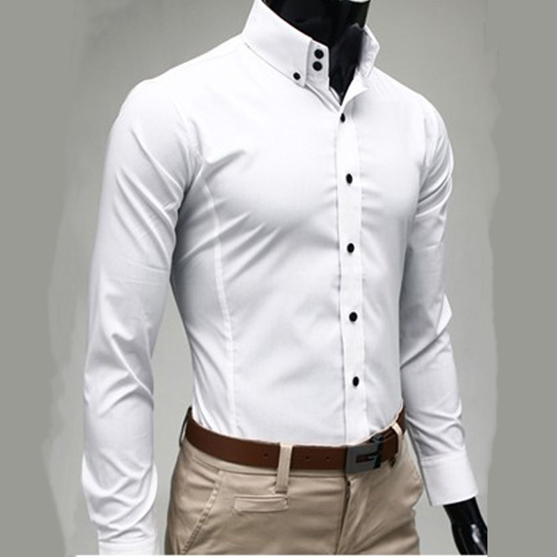 春秋款两粒扣韩版修身抗皱纯色小高领男士长袖商务休闲职业男衬衣