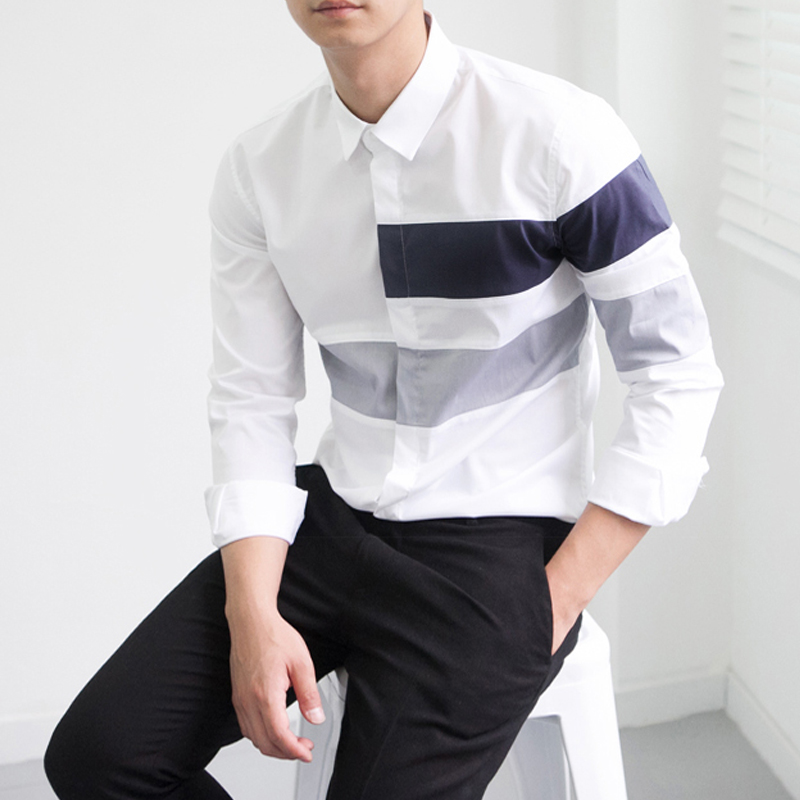 新款韩版修身抗皱时尚拼接长袖衬衣潮流青年夏季休闲百搭男衬衣衫