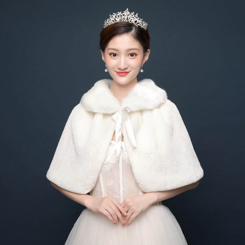 新娘毛披肩结婚庆礼仪斗篷婚纱礼服秀禾秋冬伴娘保暖披风白色红色
