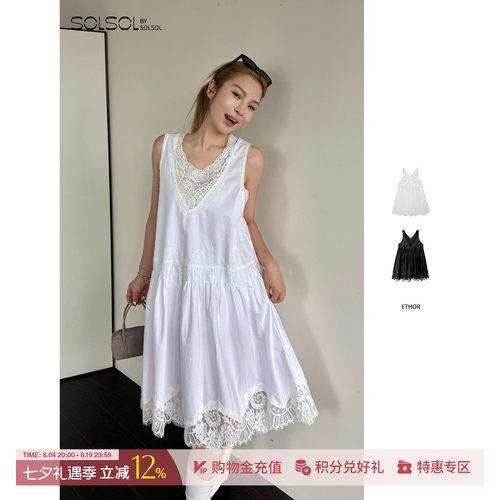 ETHOR简约V领蕾丝拼接连衣裙