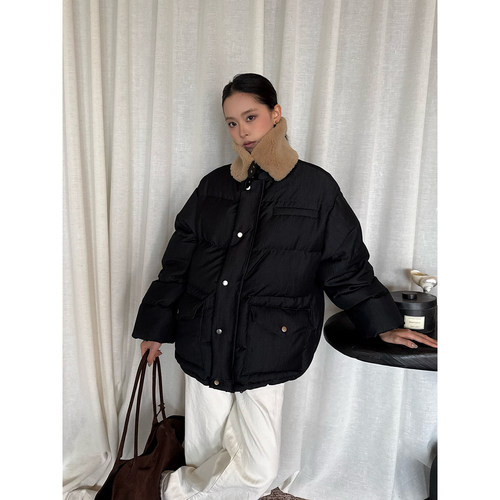 ETHOR保暖皮领绗缝羽绒服外套女