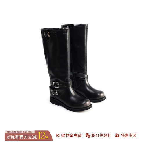 LOSTINECHO宽筒机车条带骑士靴