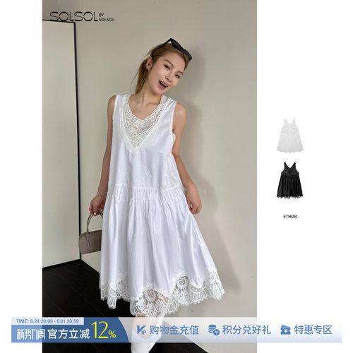 ETHOR简约V领蕾丝拼接连衣裙