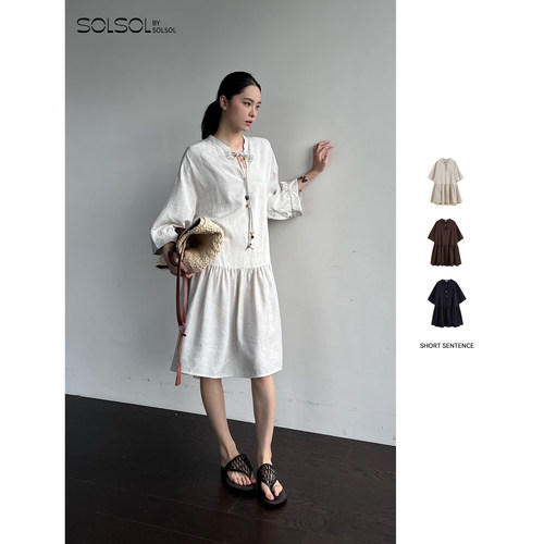 SHORT SENTENCE 设计师品牌 25早秋新品珠饰系带宽松连衣裙SOLSOL