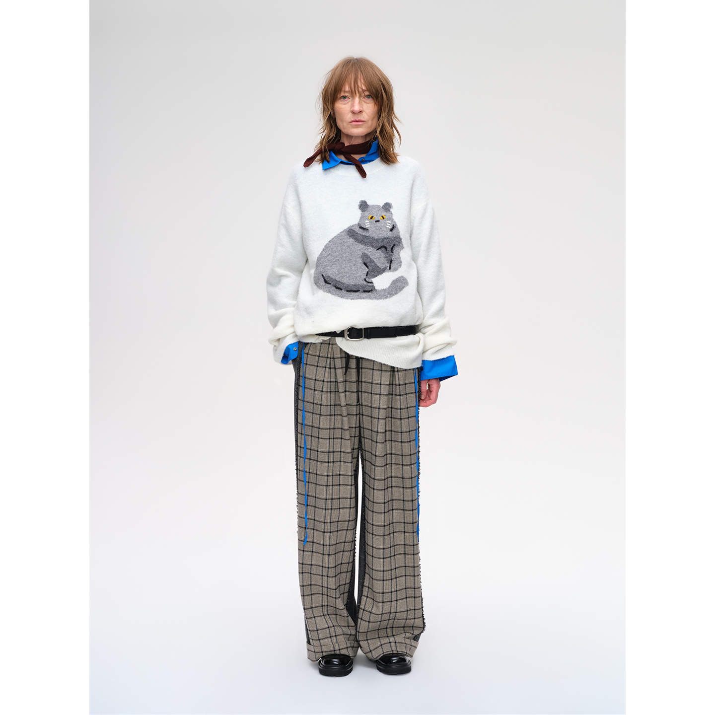 SHORTSENTENCE格纹褶裥直筒长裤