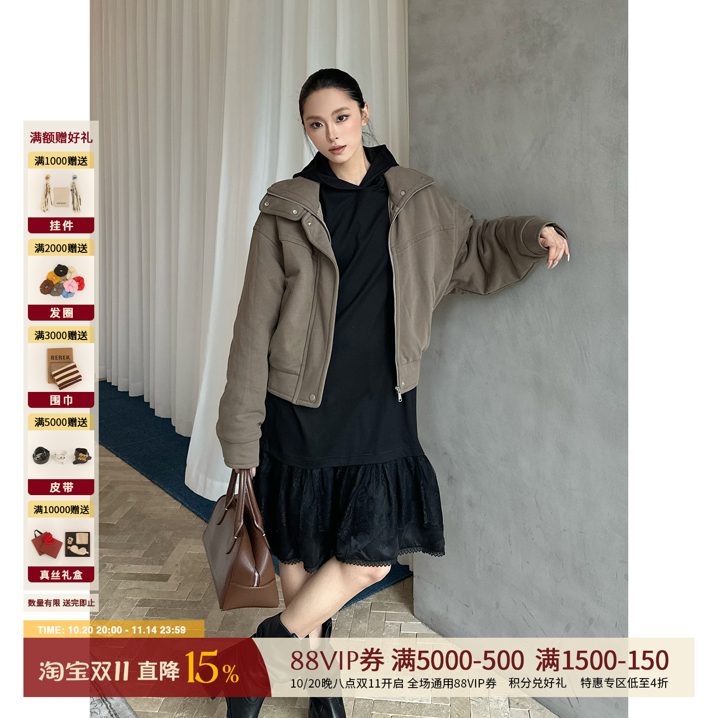ETHOR秋冬休闲烫钻带帽连衣裙女