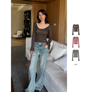 25早秋新品 设计师品牌 ODTD 条纹圆领蕾丝撞色上衣 徐若晗同款