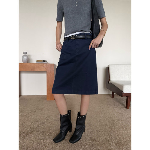 ETHOR简约藏青色纯棉直筒半裙