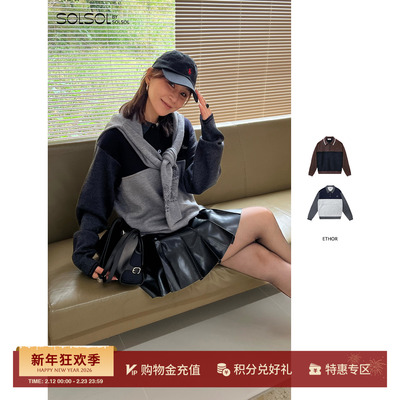 ETHOR休闲拼接polo针织长袖毛衣