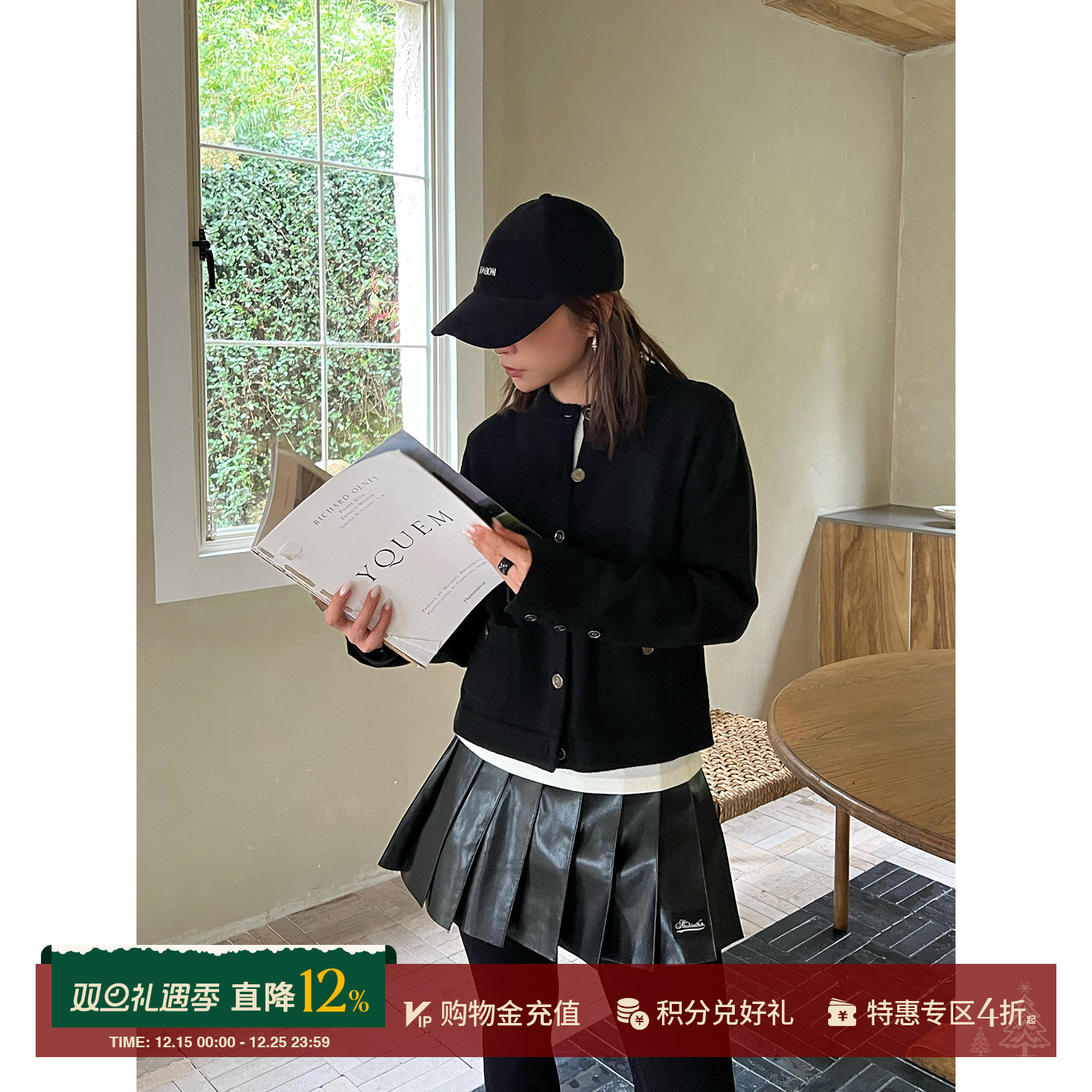 ETHOR休闲纯色PU百褶迷你短裙女