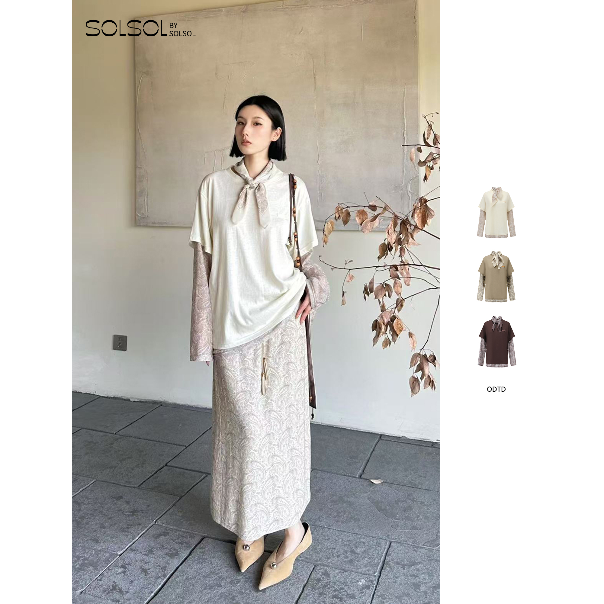 ODTD 设计师品牌 25早秋 腰果花撞色假两件T恤 （含丝巾） SOLSOL