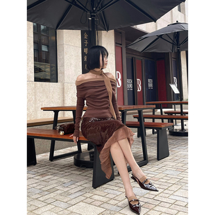 飘带装 24秋冬新品 饰拼纱一字肩上衣 ODTD设计师品牌 SOLSOL