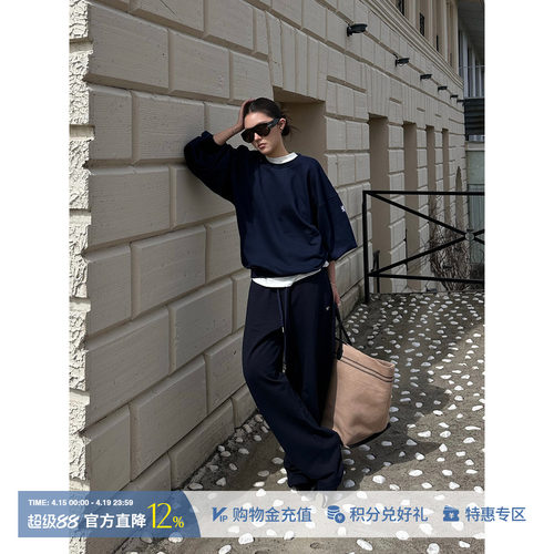 ETHOR休闲藏青色灯笼袖圆领卫衣