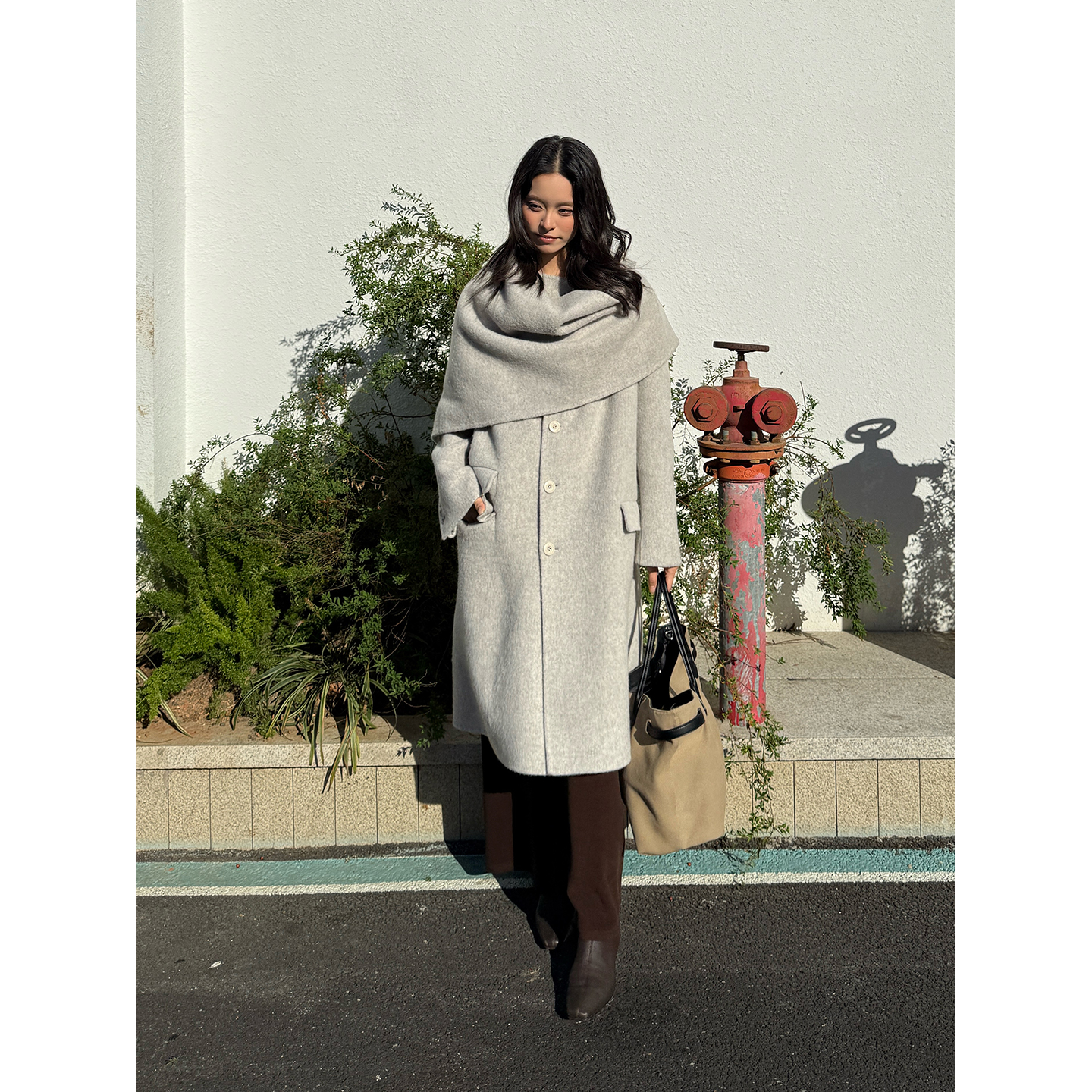 ETHOR秋冬简约纯色羊绒披肩大衣