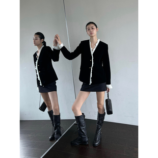 V领修身 25秋冬新品 平绒钩花西装 外套 SOLSOL ODTD 短裤 设计师