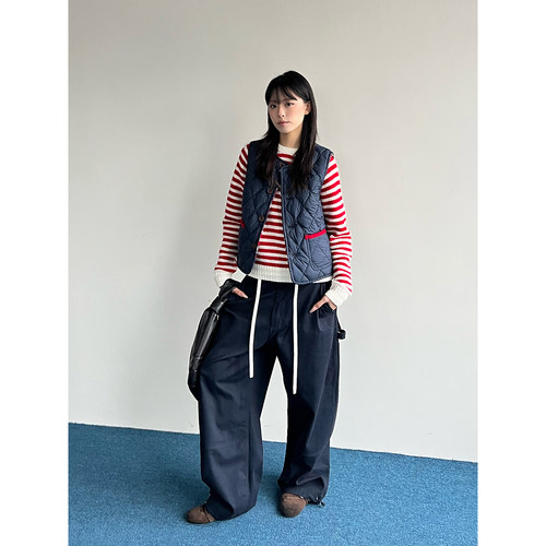 ETHOR秋冬休闲PU系带工装长裤女