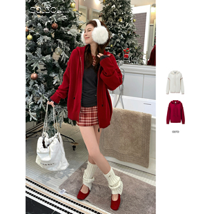 SOLSOL 手绘马年刺绣撞色钩边针织连帽开衫 ODTD 设计师25秋冬新款