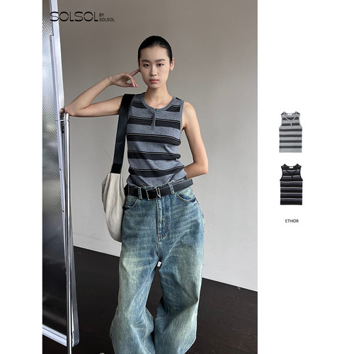 ETHOR秋冬女士休闲条纹纽扣背心