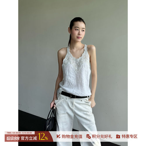 ETHOR简约亚麻蕾丝拼接上衣背心