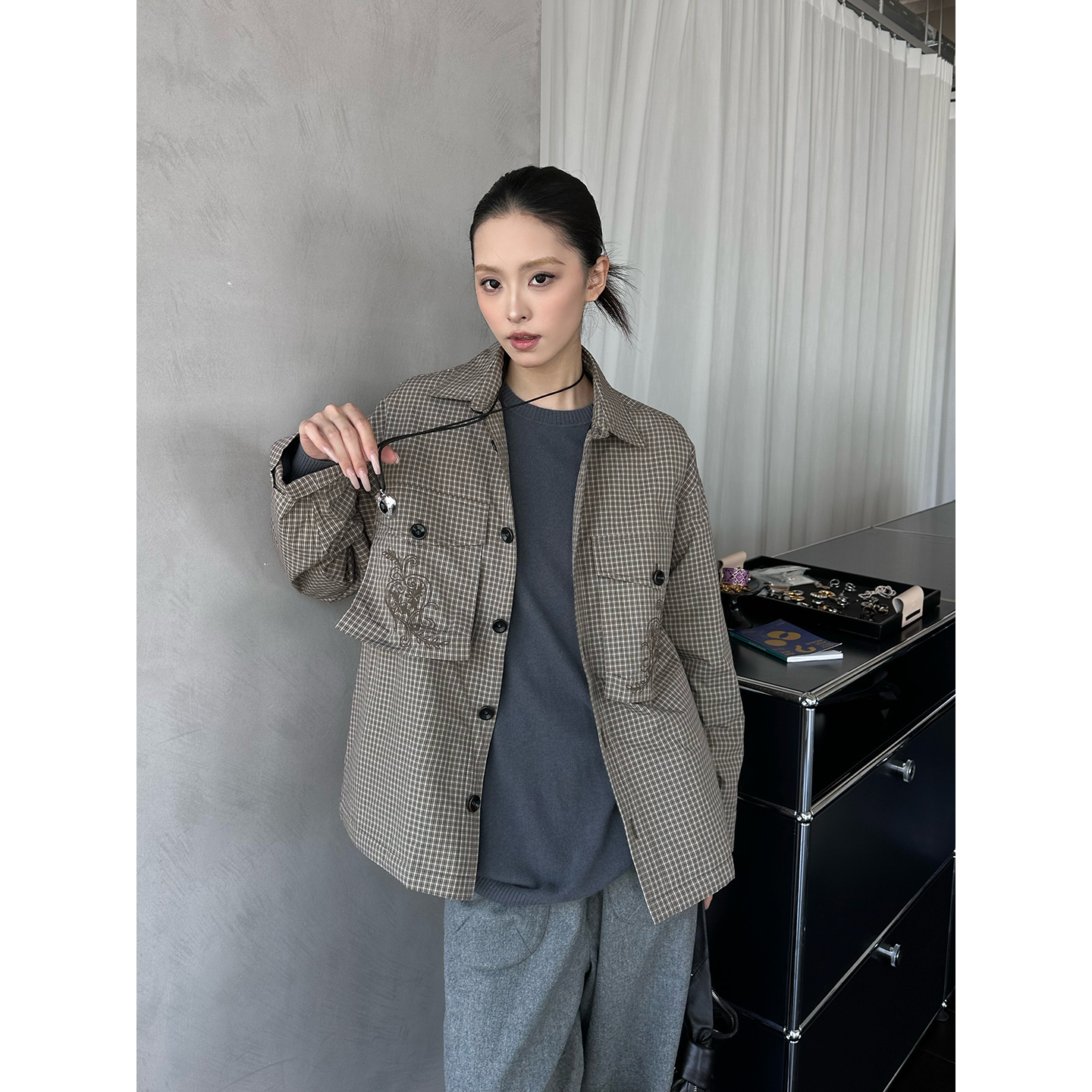 COTEMP 设计师品牌  25秋冬新品 休闲格纹刺绣绗缝棉衬衫 SOLSOL