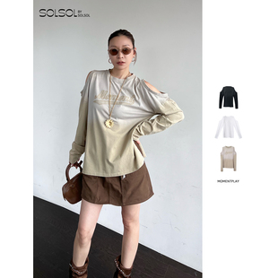 饰露肩洗水长袖 MOMENTPLAY logo刺绣装 25秋冬新品 T恤 设计师