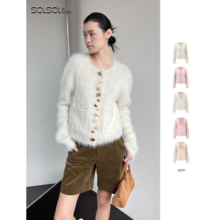 U领上衣SOLSOL 羊驼毛混色扣子针织开衫 ODTD 设计师25秋冬新品