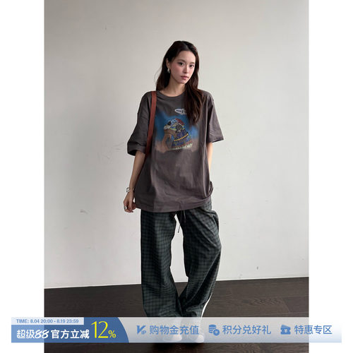 8ON8复古纯色格子松紧休闲裤