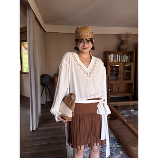 含飘带 ODTD 雪纺拼蕾丝V领花边衬衫 25秋冬新品 设计师品牌