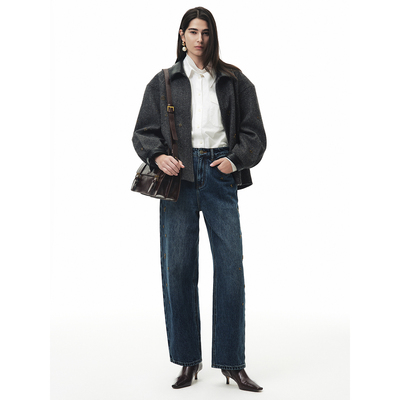 ANNENONO复古钉珠高腰弯刀牛仔裤