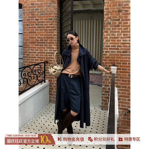 ETHOR藏青色格纹长风衣外套