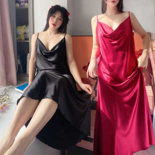 200斤大码 睡裙家居服 性感冰丝绸睡衣女高级感纯欲深V吊带荡领长款