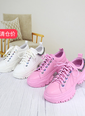 清仓‖可媚春款桃红色牛皮防滑松糕底金属链系带休闲鞋KA2139-218