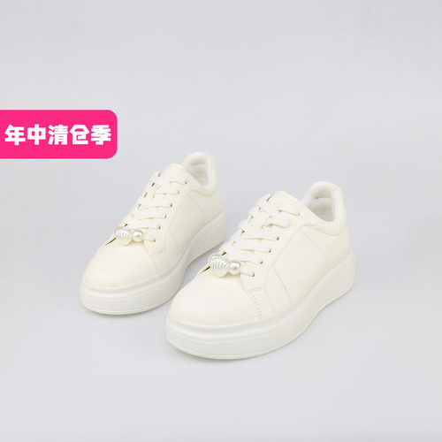 可媚圆头牛皮闪钻系带平底小白鞋
