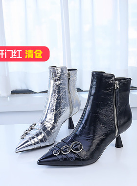 清仓II可媚秋冬款尖头摔纹皮轻奢细高跟皮带组合短靴KC23871-278