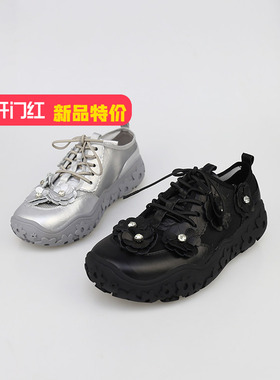 可媚2025新夏款圆头丝绸牛皮网面花朵水钻系带休闲鞋女KB25632-16