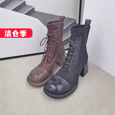 冬粗高跟马丁靴可媚系带牛皮