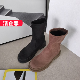 清仓‖可媚正品冬款圆头弹力绒布厚底套筒防滑马丁靴女KC21835-37
