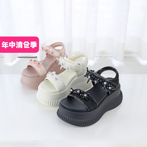 可媚闪钻布面厚底魔术贴露趾凉鞋