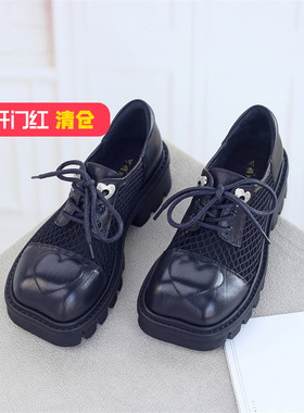 清仓II可媚正品春款方头胎牛皮网面防水台高跟系带单鞋KA23286-12