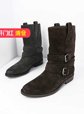 特价II可媚冬款尖头牛猄皮低跟皮带扣绒布内里套筒短靴KC24910-80